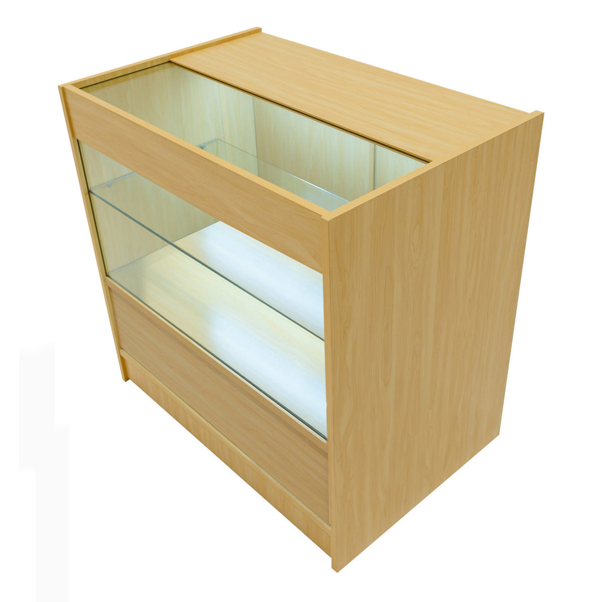 Hera LED Verkaufstheken-Set in Ahorn, mit transparenten Glasregalen, beleuchtetem Innenraum und modernem, minimalistischen Design