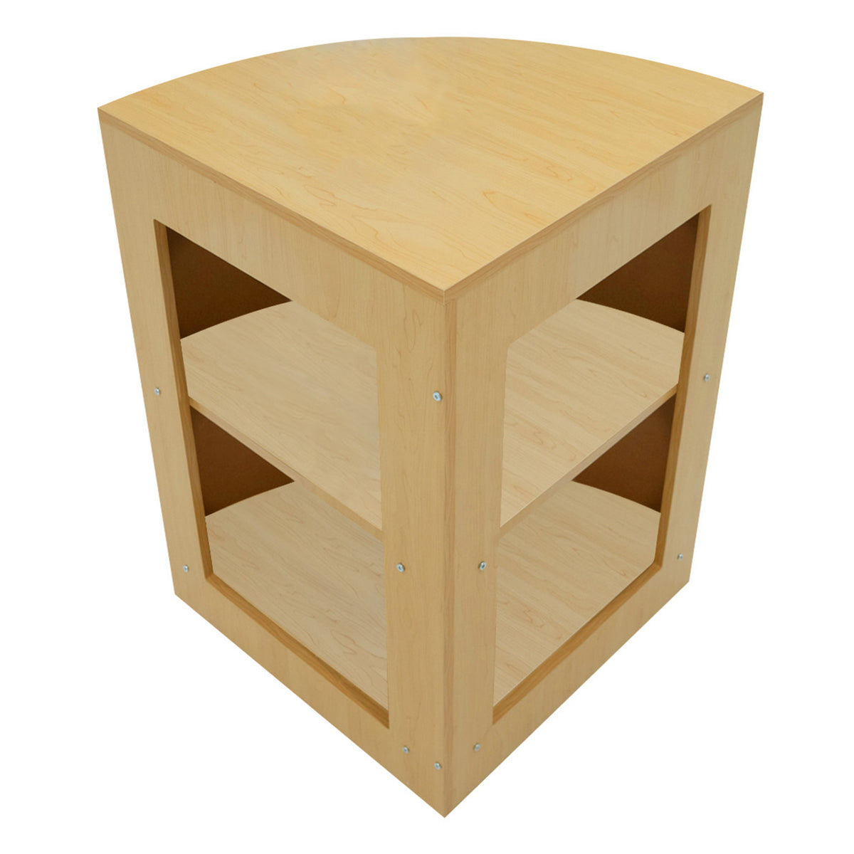 Eckige Verkaufstheke aus Ahornholz mit zwei offenen Regalen, glatter, heller Oberfläche und modernen Metallbeschlägen, ideal für Verkaufsräume