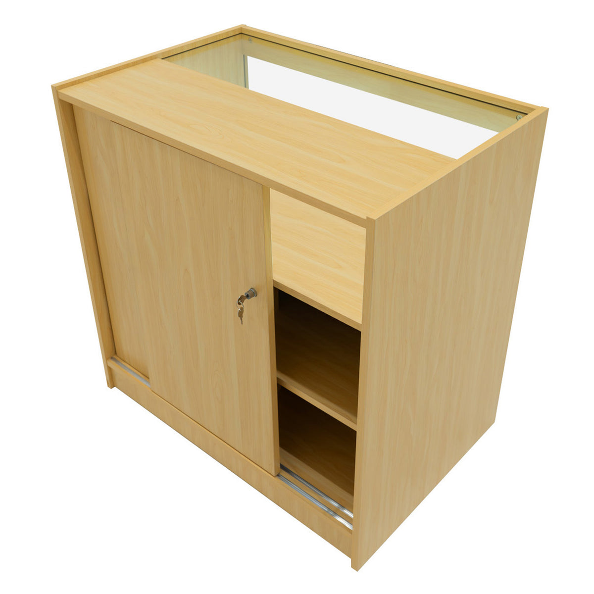 Verkaufstheke aus Ahorn mit Glaseinsatz, zwei Regalen und einer Schiebetür, helles Holzfinish, modern und funktional für Verkaufsräume