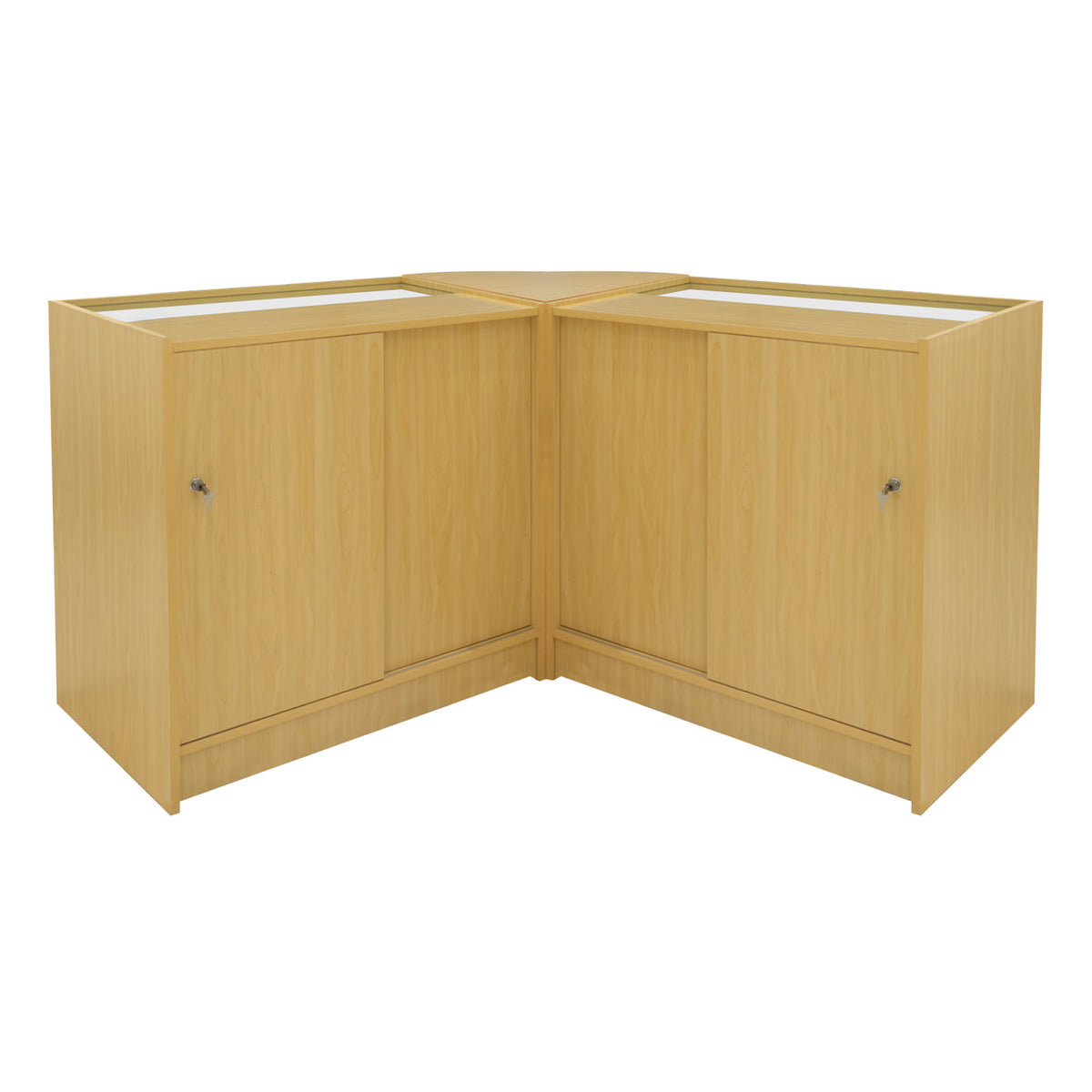 Eckige Verkaufstheke aus hellem Ahornholz mit zwei geschlossenen Fächern, glatter Oberfläche und minimalistischer, moderner Gestaltung