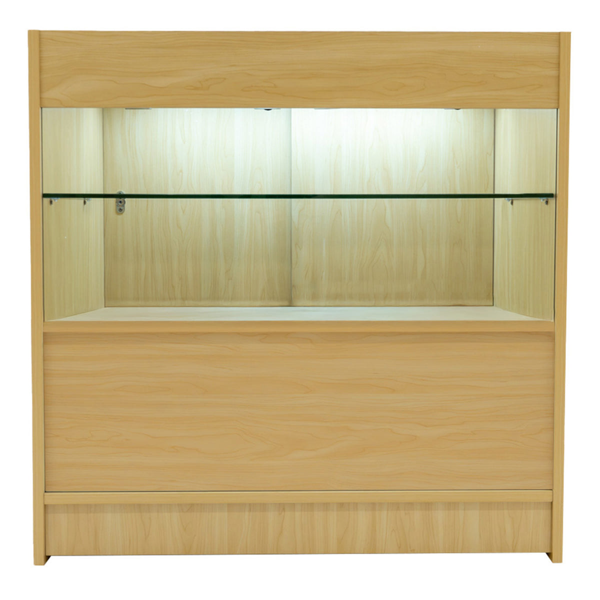 Verkaufstheke aus hellem Ahornholz mit gläsernem Regal, beleuchtet von oben, ideal für die Präsentation von Produkten in Geschäften