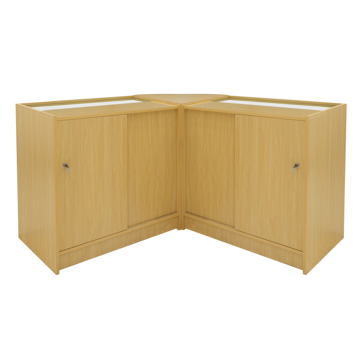 Eckverkaufsset aus hellem Ahornholz mit zwei geschlossenen Schränken und Glasoberfläche, ideal für moderne Verkaufsräume und Ausstellungen