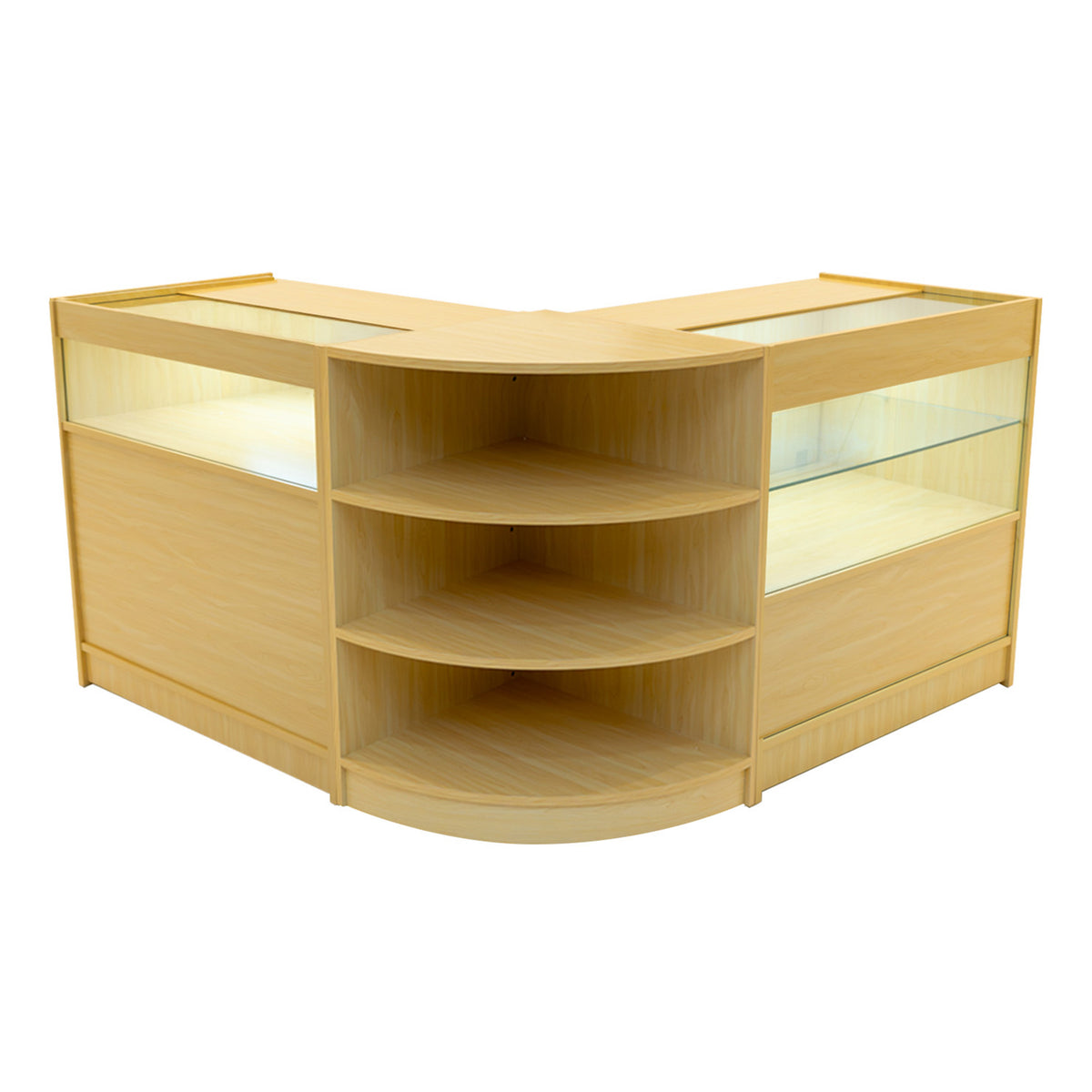 Harmonia LED Verkaufstheken-Set in Ahorn, mit eleganten Glasvitrinen, sanften Kurven und mehreren Ablageflächen für Produkte und Präsentationen