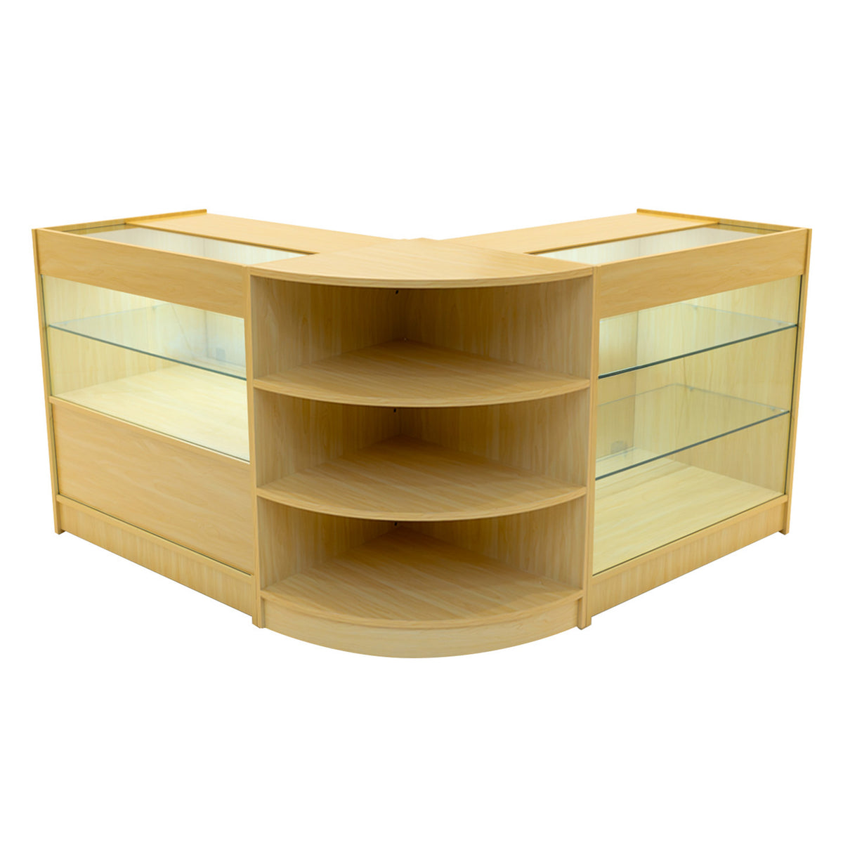Elegantes Verkaufstheken-Set in Ahornholz mit gläsernen Regalen, abgerundeten Kanten und großzügigem Stauraum für Produkte und Ausstellungen