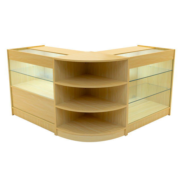Elegantes Verkaufstheken-Set in Ahornholz mit gläsernen Regalen, abgerundeten Kanten und großzügigem Stauraum für Produkte und Ausstellungen