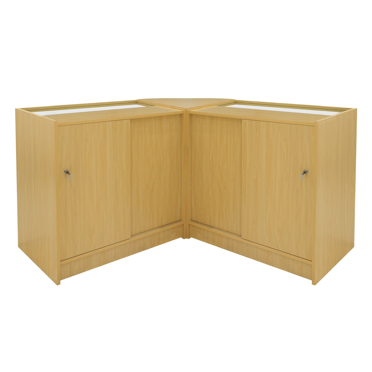Verkaufstheken-Set in Ahornfarbe, bestehend aus zwei Eckmodulen mit Glastüren, glatter Holzoberfläche und modernem, funktionalem Design