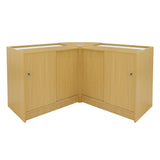 Verkaufstheken-Set in Ahornfarbe, bestehend aus zwei Eckmodulen mit Glastüren, glatter Holzoberfläche und modernem, funktionalem Design