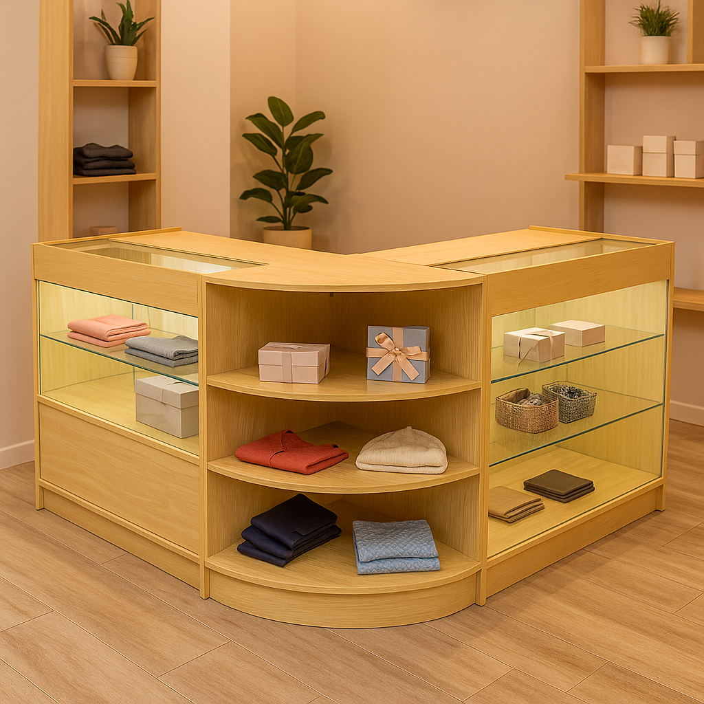 Elegantes Verkaufstheken-Set in Ahorn mit LED-Beleuchtung, offenen Regalen und gläsernen Fächern, ideal für die Präsentation von Textilien und Geschenken