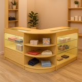 Elegantes Verkaufstheken-Set in Ahorn mit LED-Beleuchtung, offenen Regalen und gläsernen Fächern, ideal für die Präsentation von Textilien und Geschenken