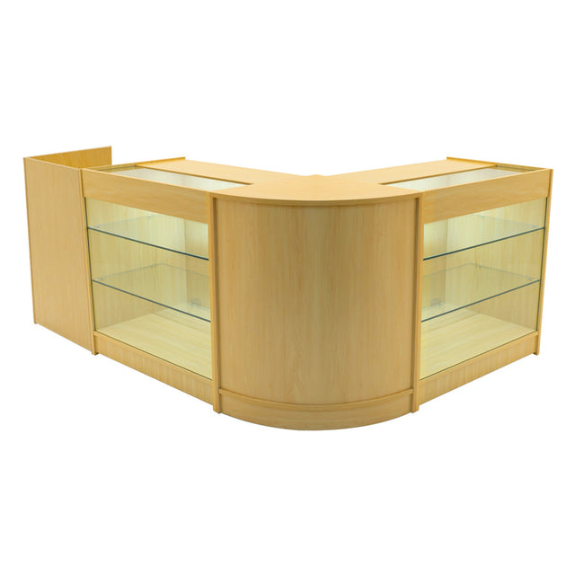 Elegantes Verkaufstheken-Set in Ahorn mit zwei Vitrinen, abgerundeten Kanten und beleuchtetem Glas, ideal für ansprechende Produktpräsentationen