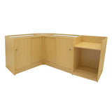 Verkaufstheken-Set in hellem Ahornholz, bestehend aus zwei Ecken mit Schubladen und offenen Regalen, ideal für Verkaufsräume und Ausstellungen
