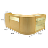 Polaris LED Verkaufstheken-Set in Ahornholz, modernes Design, abgerundete Kanten, integrierte Beleuchtung, großzügige Glasflächen für Produkte, Maße 150x90x90 cm