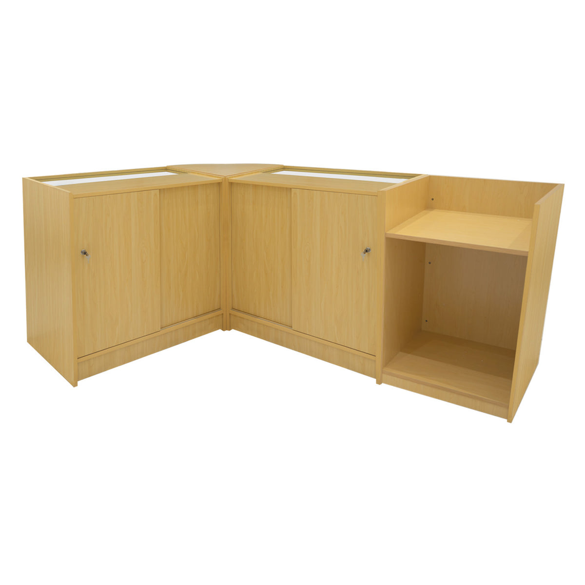 Verkaufstheken-Set in hellem Ahornfurnier, bestehend aus zwei Ecken mit Glasoberflächen, Schubladen und offenen Regalen für optimale Präsentation