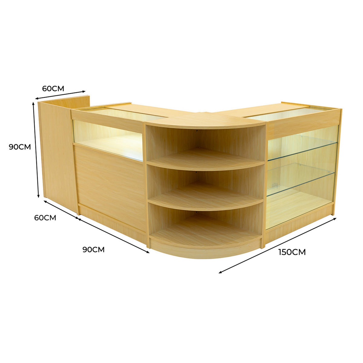 Verkaufstheken-Set in Ahornfarbe mit gläsernen Regalen, abgerundeten Kanten und einer modernen, eleganten Form, ideal für Einzelhandelsumgebungen