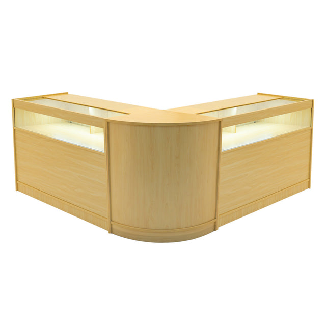 Verkaufstheken-Set aus hellem Ahornholz, modern und elegant, mit beleuchteten Vitrinen und abgerundeten Kanten, ideal für Einzelhandelsumgebungen