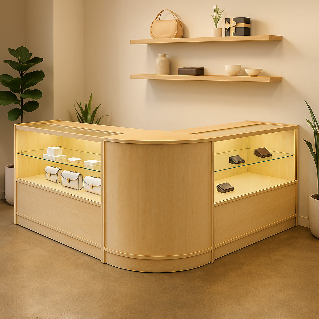 Elegantes Verkaufstheken-Set aus hellem Ahornholz mit LED-Beleuchtung, Glasregalen und modernem, geschwungenem Design, ideal für Einzelhandelsräume