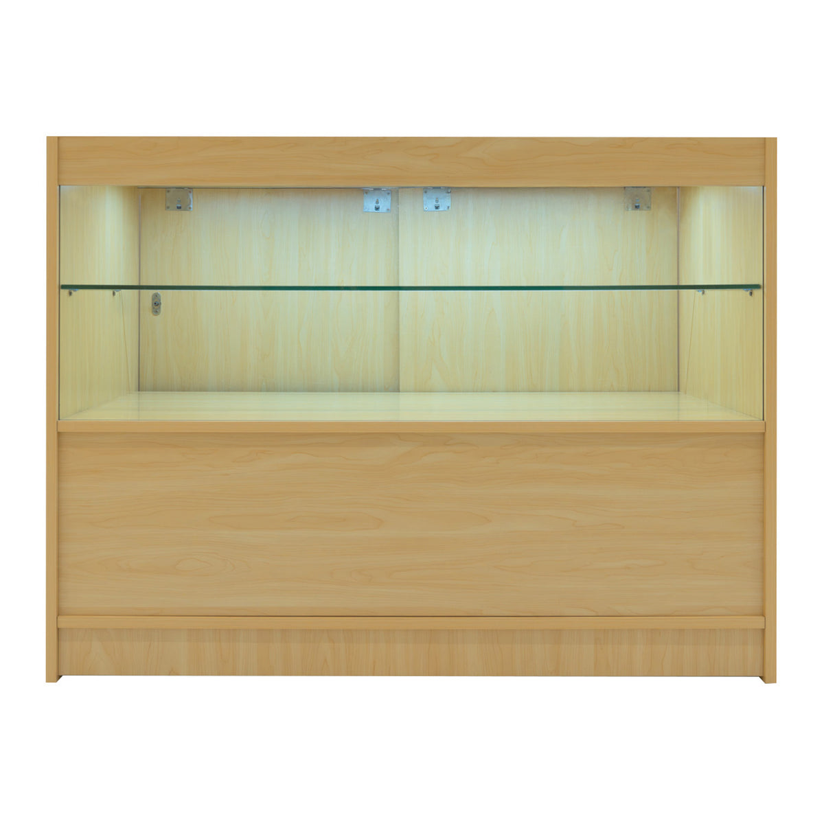 Verkaufstheke aus Ahornholz mit zwei Glasregalen, sanft beleuchtet, modern und elegant, ideal für Einzelhandelsumgebungen und Ausstellungen