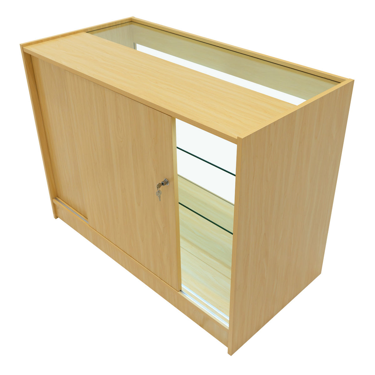 Elegantes Verkaufstheken-Set in hellem Ahornholz, mit gläserner Vitrine und Schiebetür, ideal für die Präsentation von Produkten