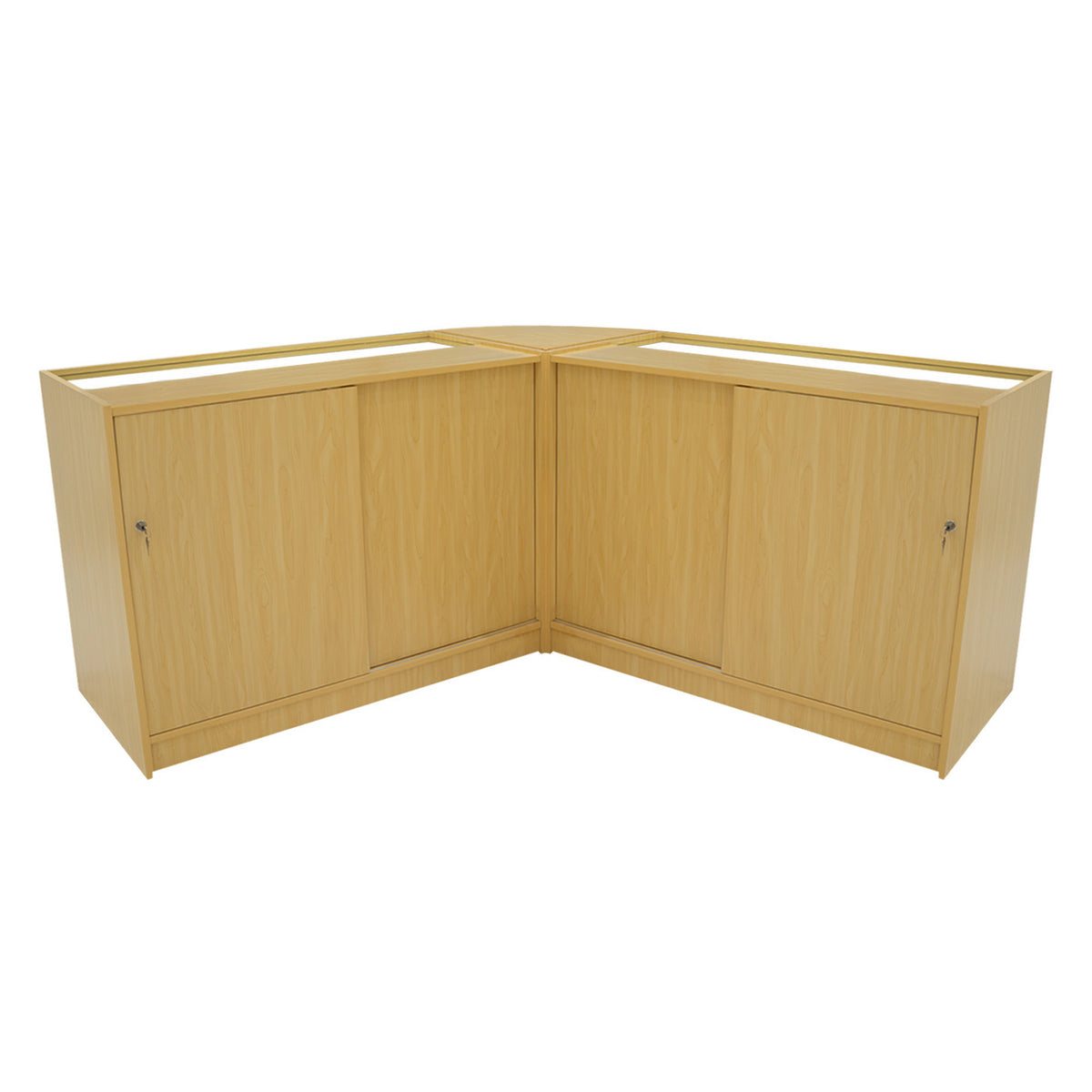 Eckverkaufsset aus hellem Ahornholz mit zwei abschließbaren Schränken, ideal für den Einzelhandel, modernes Design und praktische Nutzung