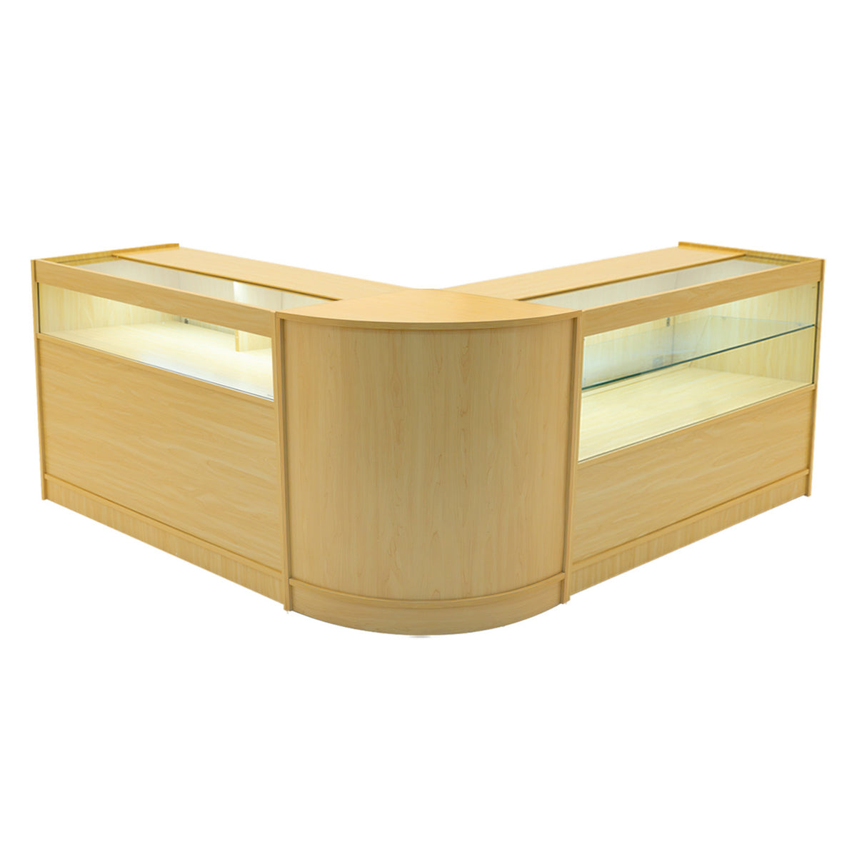 Modulares Adonis LED Ladentheke Set in hellem Ahorn mit eleganten, abgerundeten Kanten und beleuchteten Glasflächen für optimale Produktpräsentation