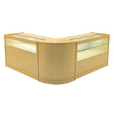 Modulares Adonis LED Ladentheke Set in hellem Ahorn mit eleganten, abgerundeten Kanten und beleuchteten Glasflächen für optimale Produktpräsentation