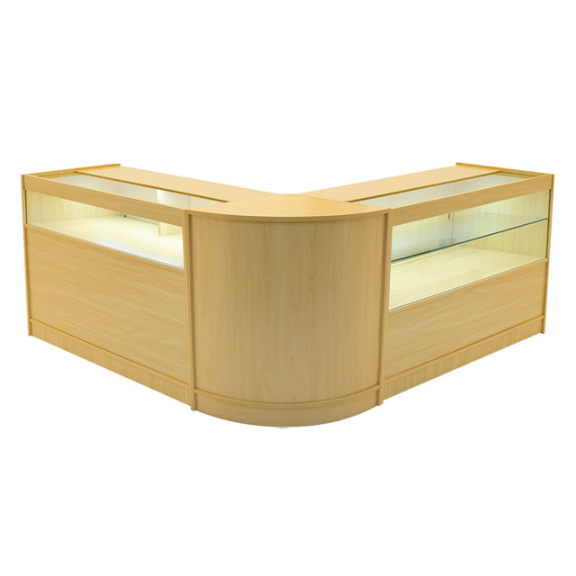 Modulares Adonis LED Ladentheke Set in hellem Ahorn mit eleganten, abgerundeten Kanten und beleuchteten Glasflächen für optimale Produktpräsentation