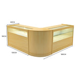 Moderne Adonis LED Ladentheke in Ahornholz, L-förmig mit Glasvitrinen, ideal für den Einzelhandel, Maße 60x120x90 cm und 180 cm Länge