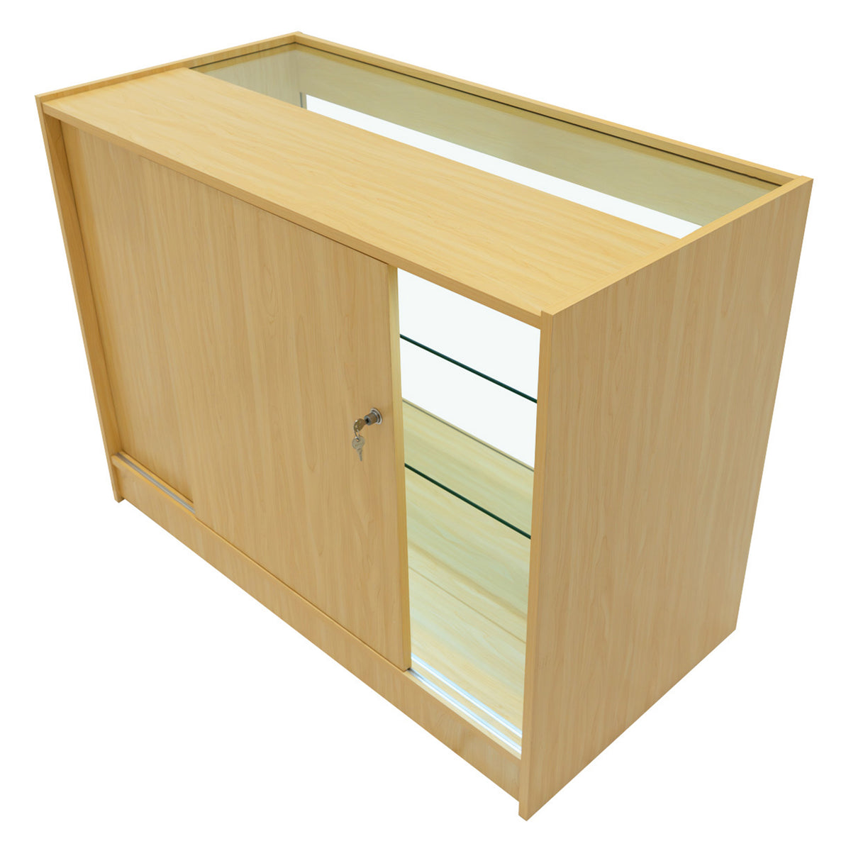Triton LED Verkaufstheken-Set in Ahorn, mit gläserner Vitrine, zwei Regalen und einer Schiebetür, modernes Design und helle Holzoptik