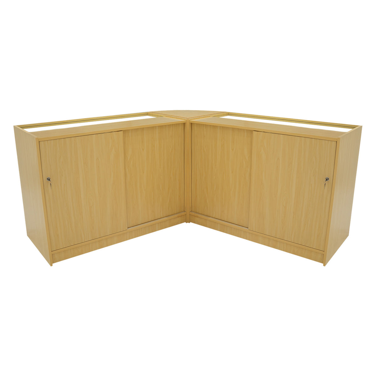 Eckverkaufstheke aus hellem Ahornholz mit zwei abschließbaren Schränken, glatter Oberfläche und modernem, funktionalem Design für Verkaufsräume