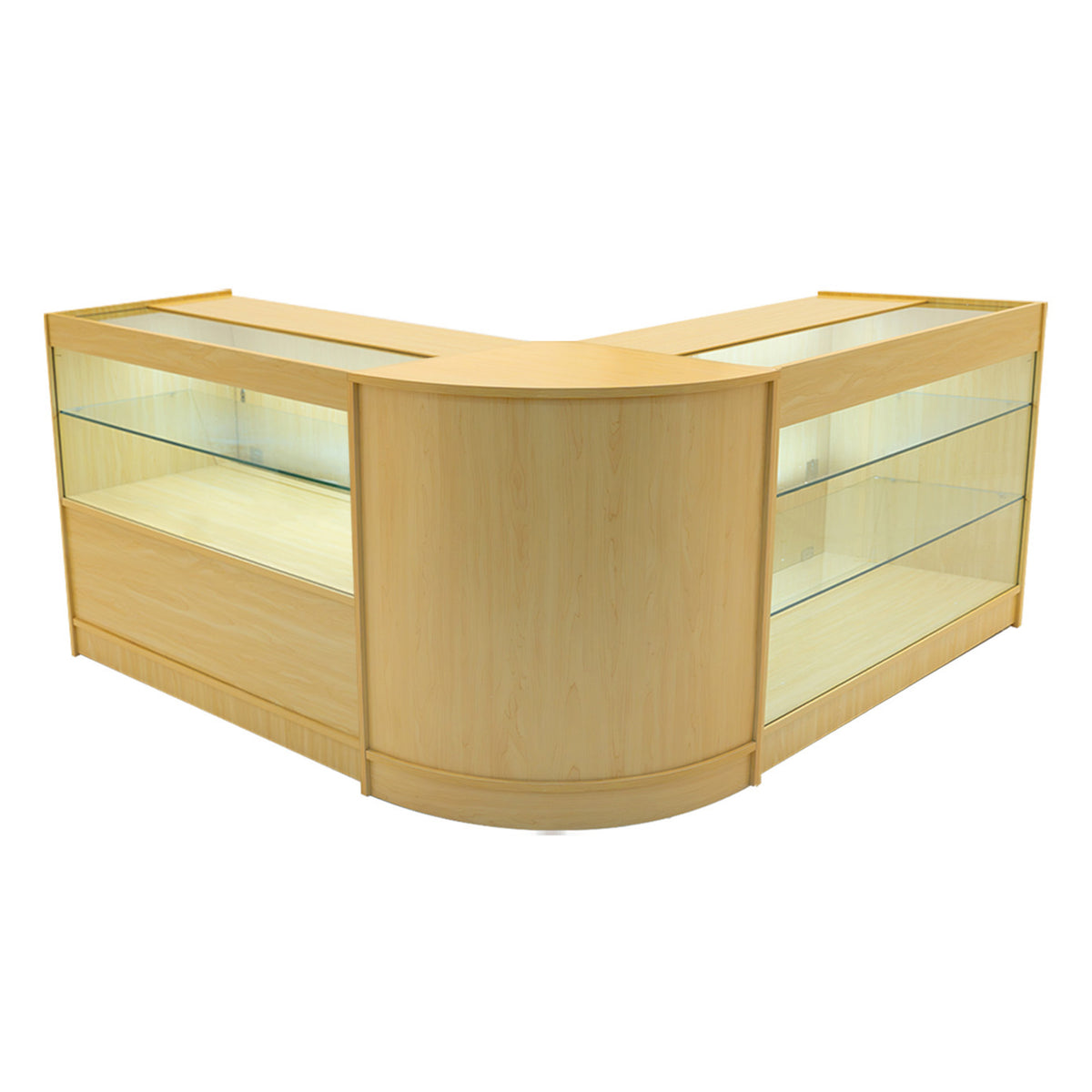 Hera LED Verkaufstheken-Set in Ahorn, elegante, abgerundete Form mit Glasregalen, ideal für den Einzelhandel, warmes Licht für ansprechende Präsentation