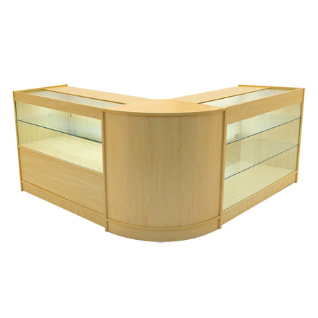 Hera LED Verkaufstheken-Set in Ahorn, elegante, abgerundete Form mit Glasregalen, ideal für den Einzelhandel, warmes Licht für ansprechende Präsentation