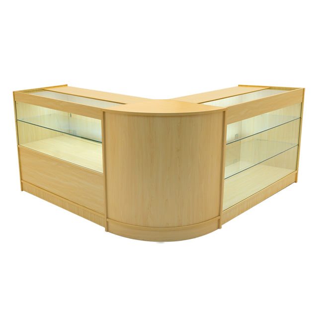 Hera LED Verkaufstheken-Set in Ahorn, elegante, abgerundete Form mit Glasregalen, ideal für den Einzelhandel, warmes Licht für ansprechende Präsentation