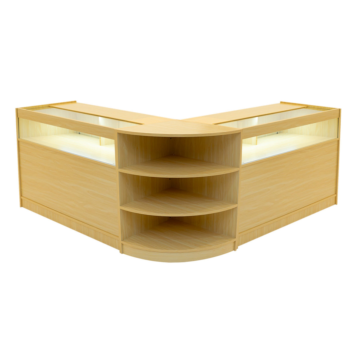 Verkaufstheken-Set aus hellem Ahornholz mit zwei L-förmigen Modulen, beleuchtet, mit offenen Regalen und glatter, moderner Oberfläche