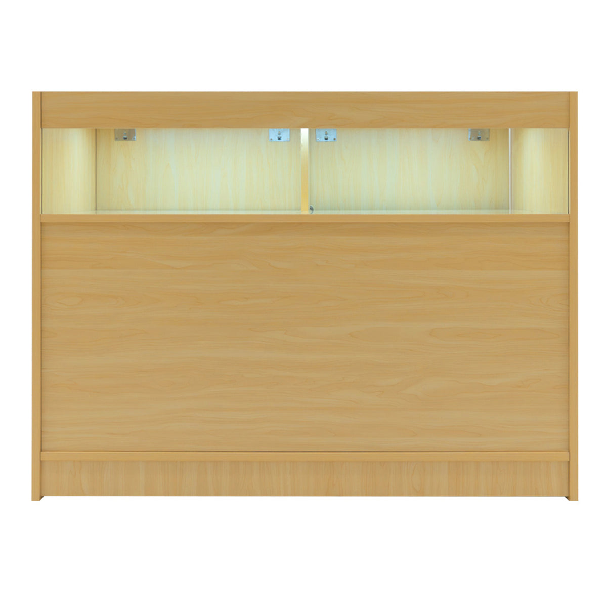 Verkaufstheke aus hellem Ahornholz mit LED-Beleuchtung, glatte Oberfläche, modernes Design, ideal für Einzelhandelsumgebungen