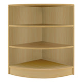 Eckregal aus hellem Ahornholz mit vier offenen Regalböden, ideal für Verkaufsräume, bietet modernen, minimalistischen Stil und praktische Stauraumlösungen