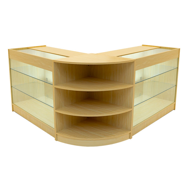 Verkaufstheken-Set aus hellem Ahornholz mit Glasregalen, abgerundeten Kanten und LED-Beleuchtung, ideal für ansprechende Produktpräsentation