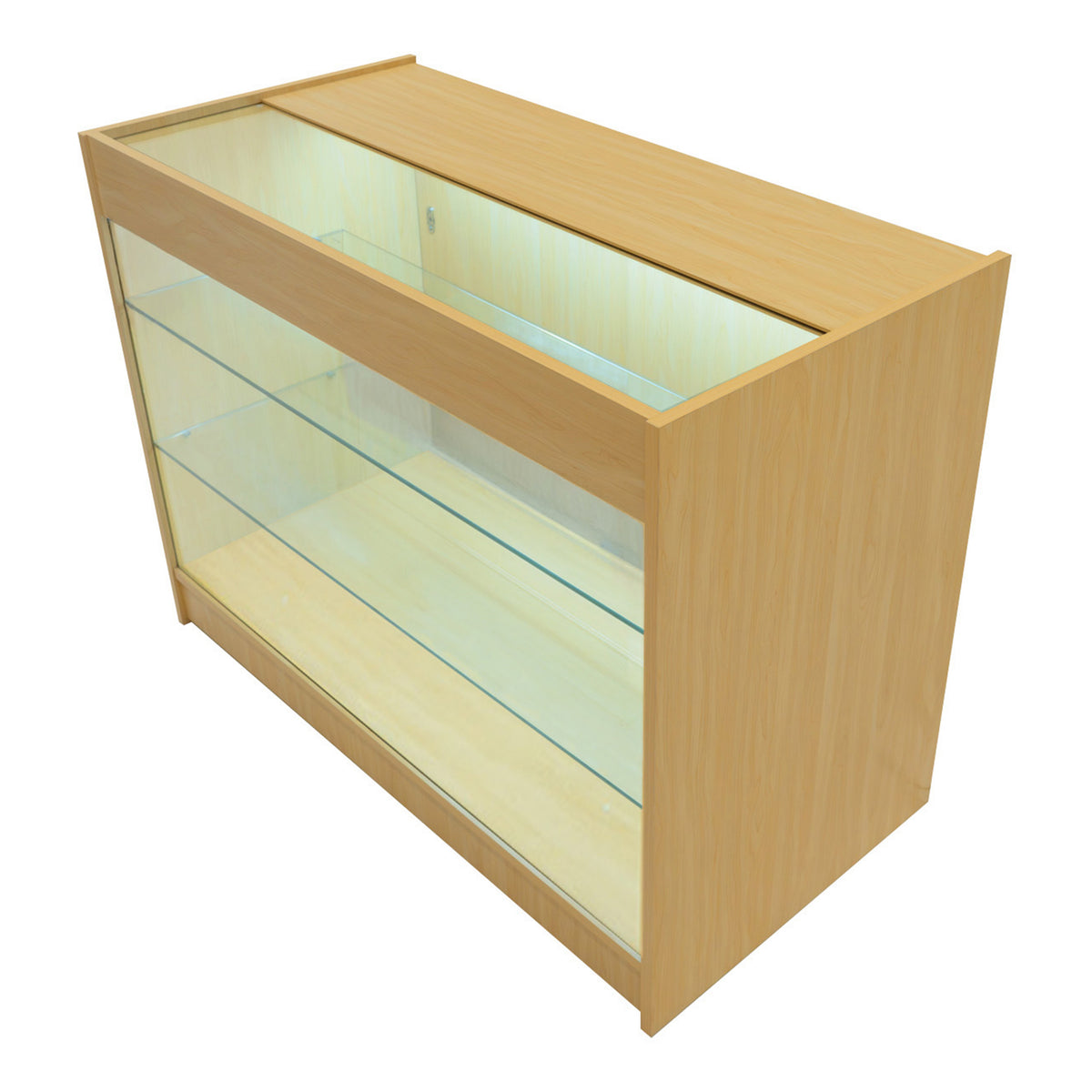 Verkaufstheke aus Ahornholz mit klaren Glasregalen, beleuchtet, modern und elegant, ideal für die Präsentation von Produkten in Geschäften