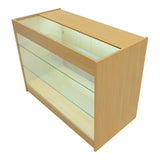 Verkaufstheke aus Ahornholz mit klaren Glasregalen, beleuchtet, modern und elegant, ideal für die Präsentation von Produkten in Geschäften