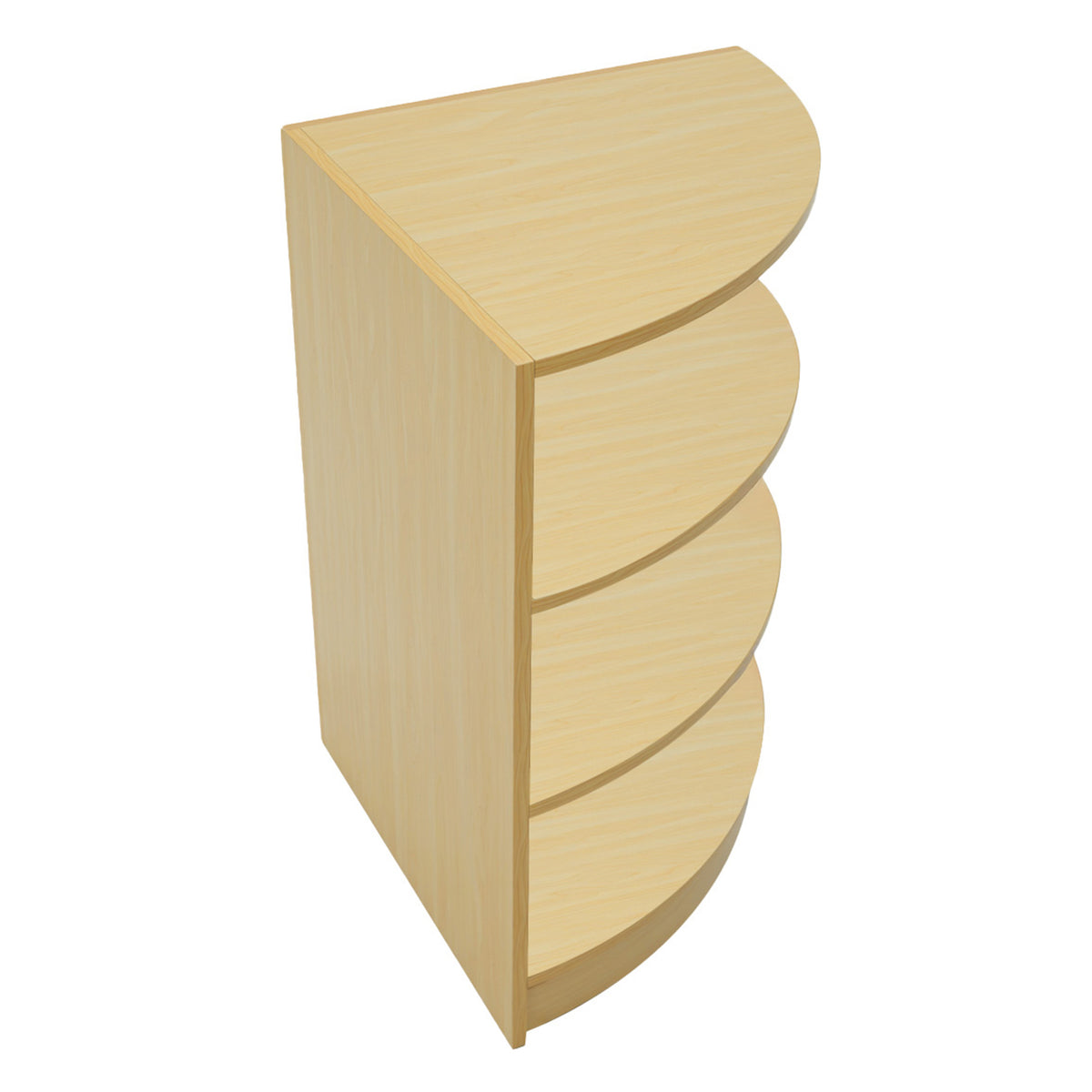 Verkaufstheke aus Ahorn mit vier geschwungenen Regalen, helles Holz, glatte Oberfläche, modernes Design, ideal für Verkaufsräume und Ausstellungen