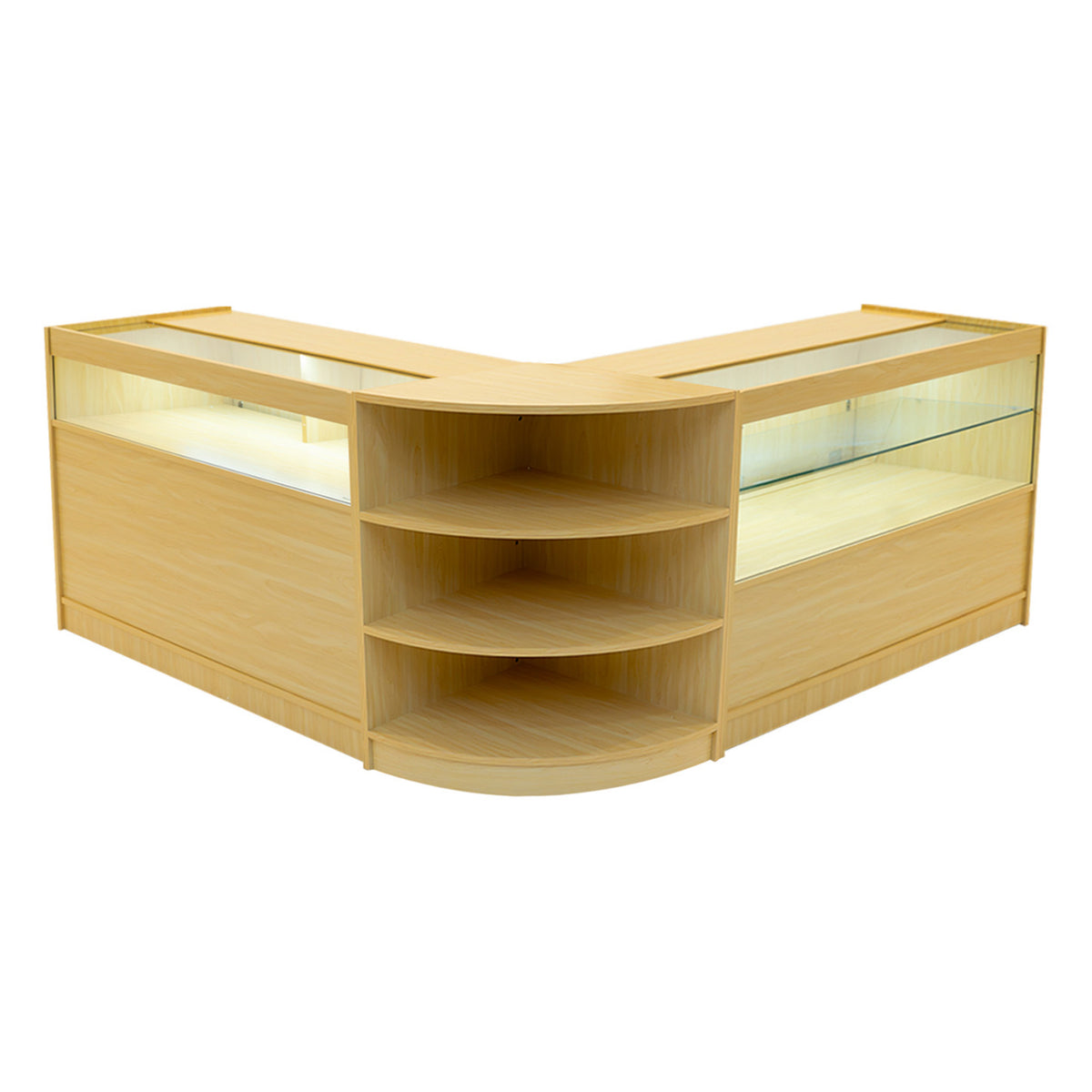 Harmonia LED Verkaufstheken-Set in Ahornfarbe mit gläsernen Vitrinen, abgerundeten Kanten und offenen Regalen für optimale Produktpräsentation