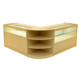 Harmonia LED Verkaufstheken-Set in Ahornfarbe mit gläsernen Vitrinen, abgerundeten Kanten und offenen Regalen für optimale Produktpräsentation
