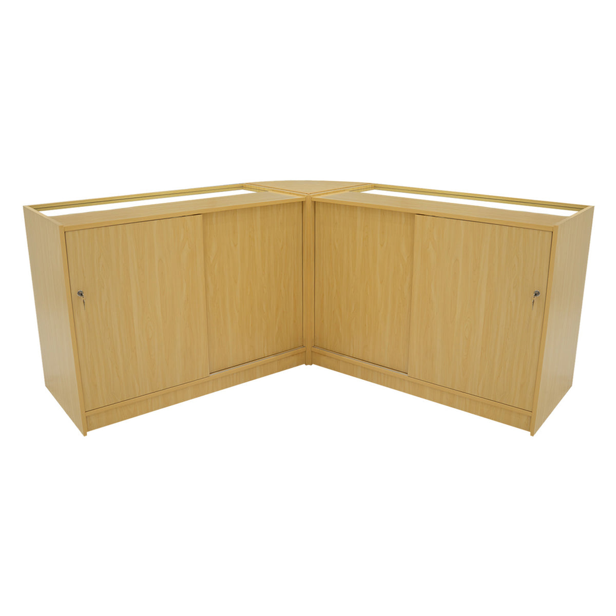Eckverkaufstheke aus hellem Ahornholz mit zwei abschließbaren Schränken, glatten Oberflächen und modernem, funktionalem Design für Verkaufsräume