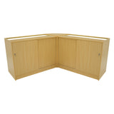 Eckverkaufstheke aus hellem Ahornholz mit zwei abschließbaren Schränken, glatten Oberflächen und modernem, funktionalem Design für Verkaufsräume