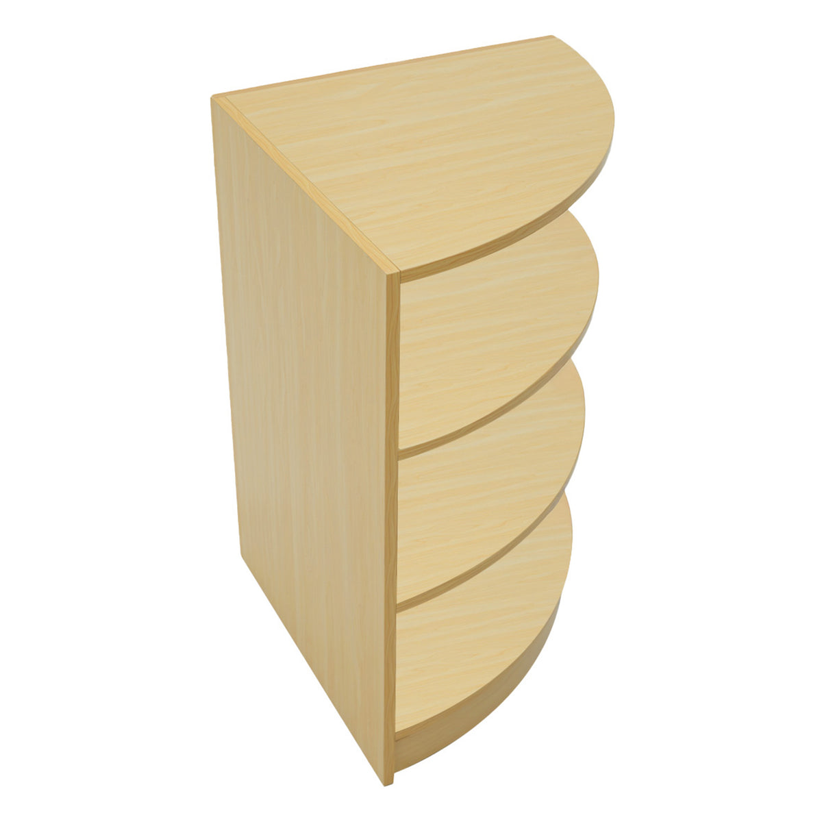 Verkaufstheke aus Ahorn mit vier geschwungenen Regalen, helles Holz, glatte Oberfläche, modernes Design, ideal für Einzelhandelsumgebungen