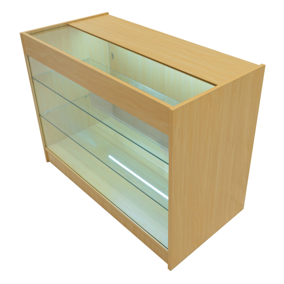 Verkaufstheke aus hellem Ahornholz mit Glasregalen, beleuchtet von innen, modern und funktional, ideal für Einzelhandelsumgebungen