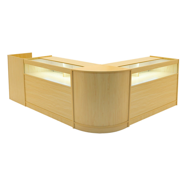 Verkaufstheken-Set in Ahornoptik, bestehend aus zwei L-förmigen Modulen mit beleuchteten Vitrinen und glatten Oberflächen, ideal für Einzelhandel