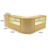Verkaufstheken-Set in Ahornfarbe, mit gläsernen Vitrinen, abgerundeten Kanten und LED-Beleuchtung, ideal für Einzelhandelsräume