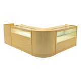 Verkaufstheken-Set in hellem Ahornholz mit gläsernen Vitrinen, abgerundeten Kanten und modernem Design, ideal für Einzelhandelsgeschäfte