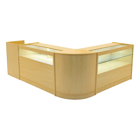 Verkaufstheken-Set in hellem Ahornholz mit gläsernen Vitrinen, abgerundeten Kanten und modernem Design, ideal für Einzelhandelsgeschäfte