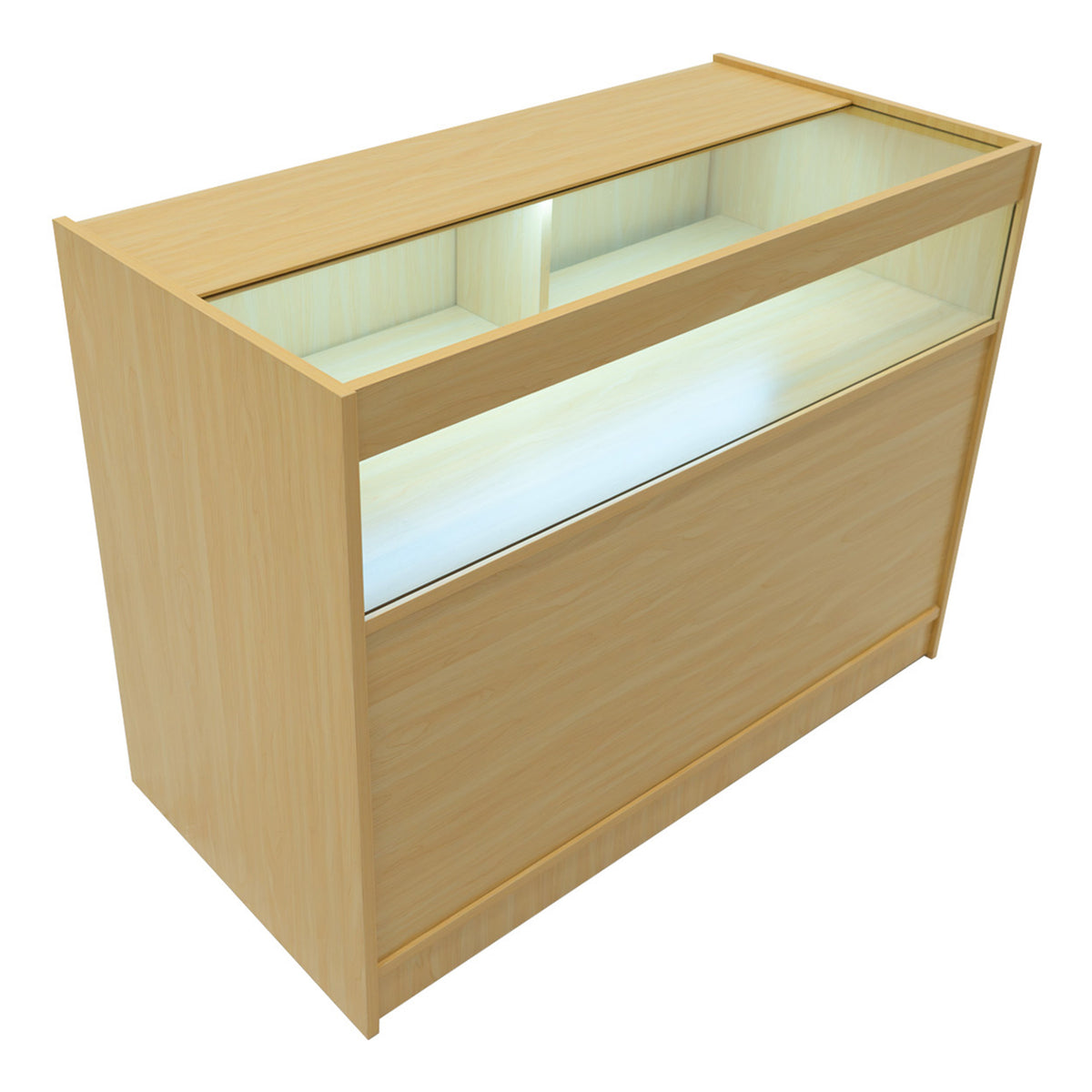 Polaris LED Verkaufstheken-Set in Ahorn, mit zwei Glasvitrinen, sanften Linien und warmem Holzfinish, ideal für Verkaufsräume und Ausstellungen